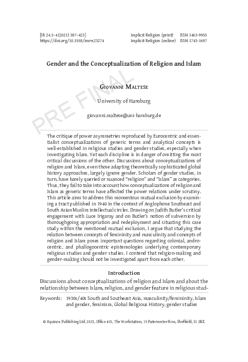 (PDF) Gender and the Conceptualization of Religion and Islam
