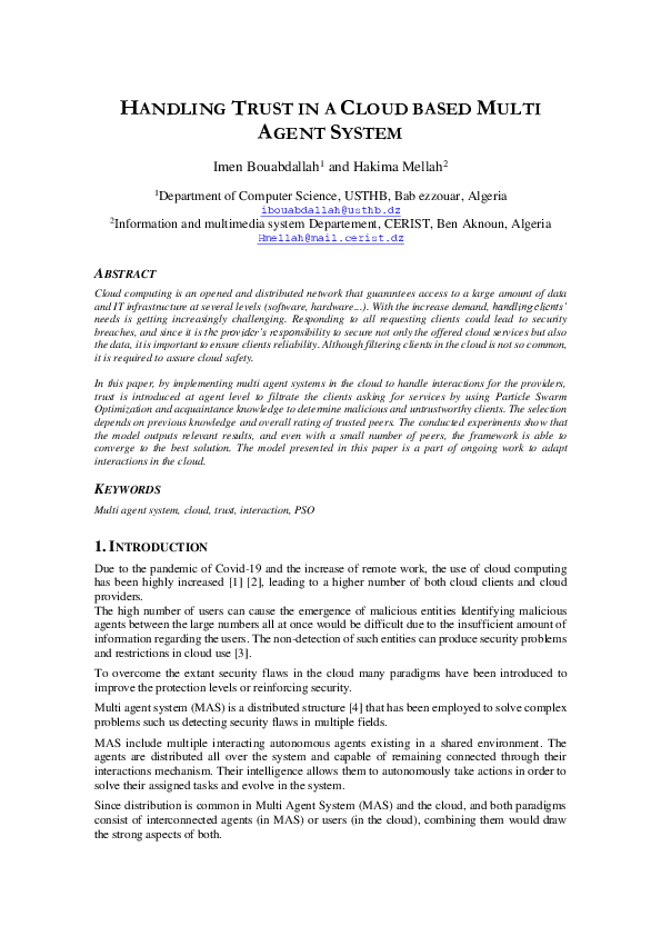 (PDF) Handling Trust in a Cloud based Multi Agent System