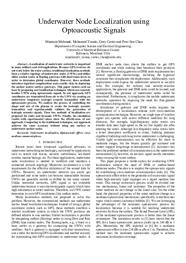 (PDF) Underwater Node Localization using Optoacoustic Signals