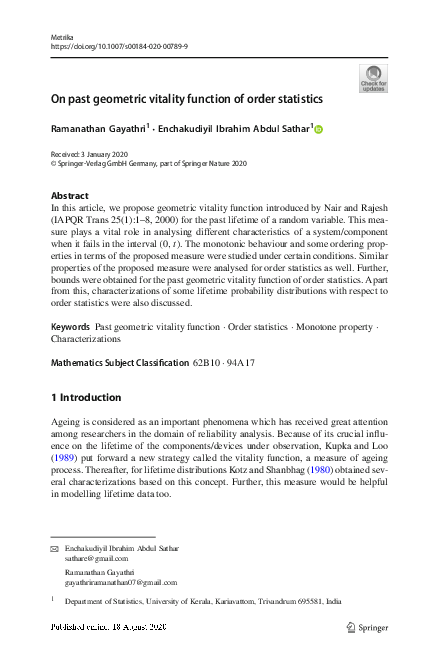 (PDF) On past geometric vitality function of order statistics