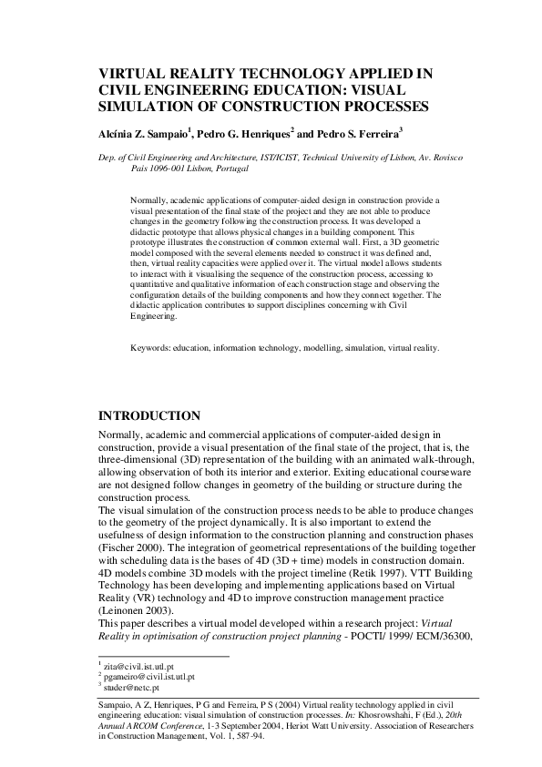(PDF) Virtual Reality technology applied in Civil Engineering educa- tion