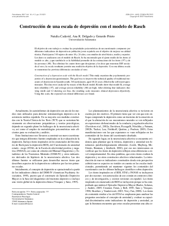 (PDF) Construcción De Una Escala De Depresión Con El Modelo De Rasch