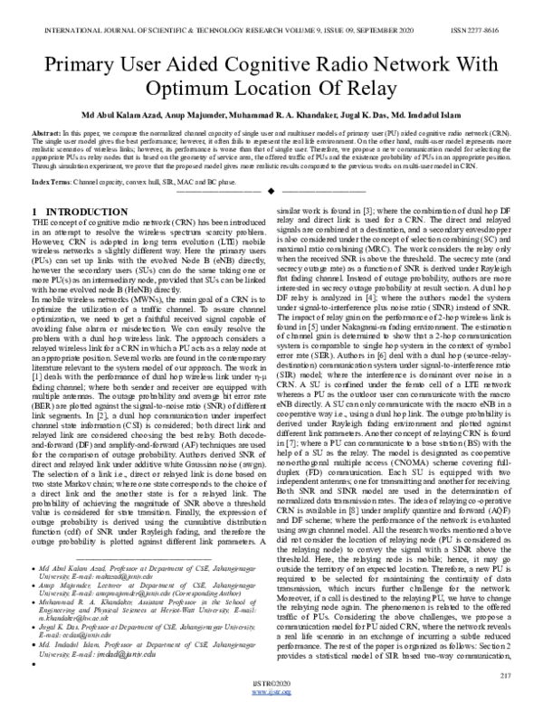 (PDF) Primary User Aided Cognitive Radio Network With Optimum Location ...