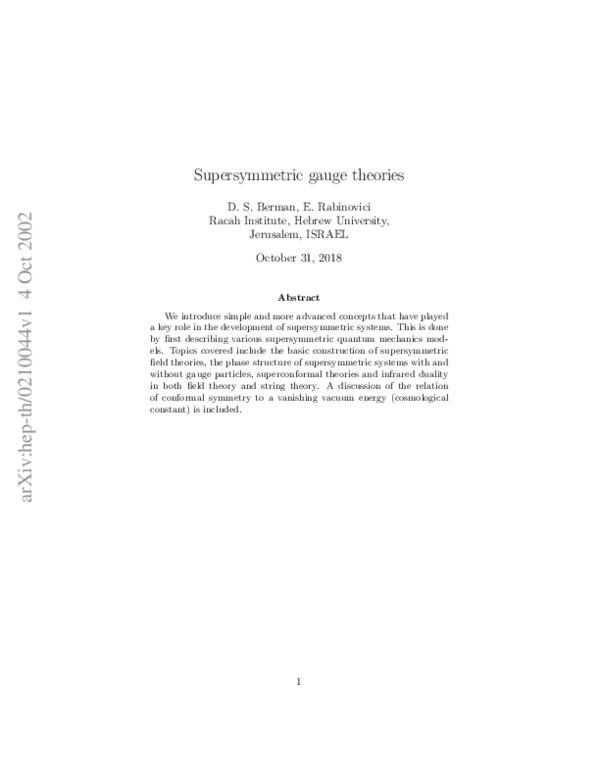 (PDF) Supersymmetric Gauge Theories