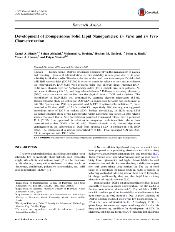 (PDF) Development of Domperidone Solid Lipid Nanoparticles: In Vitro ...