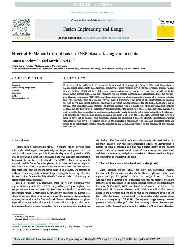 (PDF) Effect of ELMS and disruptions on FNSF plasma-facing components