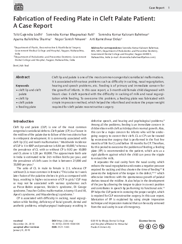 (PDF) Fabrication of Feeding Plate in Cleft Palate Patient A Case Report Aparna Sharma