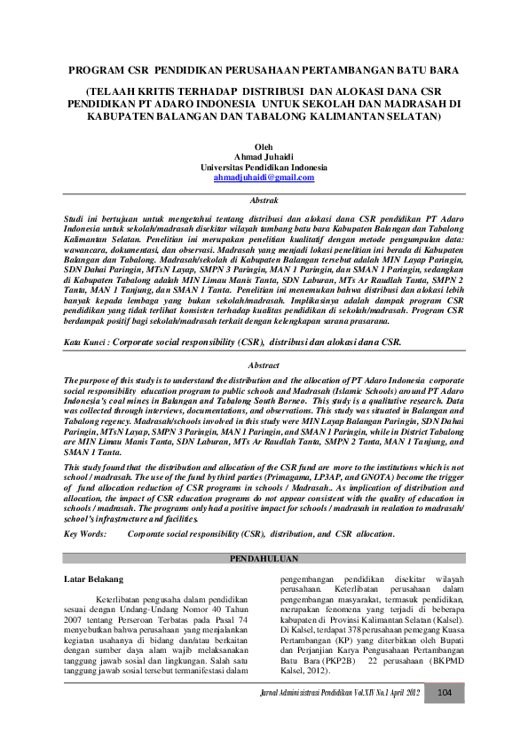 (PDF) Program CSR Pendidikan Perusahaan Pertambangan Batu Bara (Telaah ...