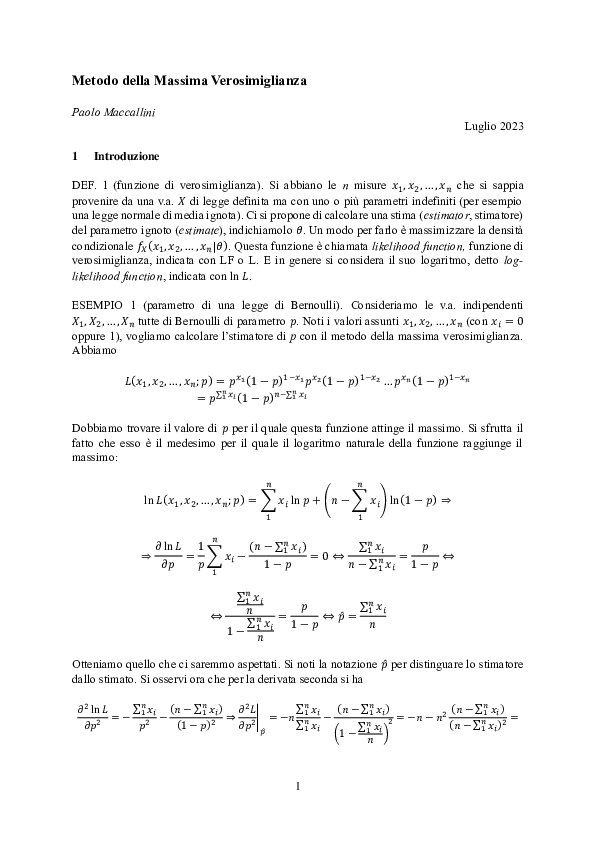 (PDF) Metodo della Massima Verosimiglianza