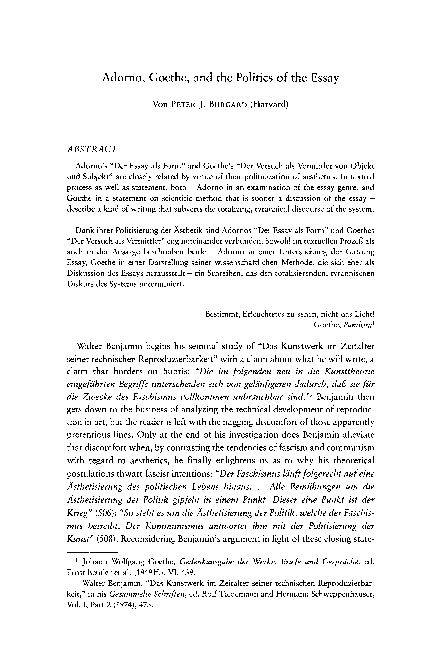 Adorno, Goethe, and the Politics of the Essay