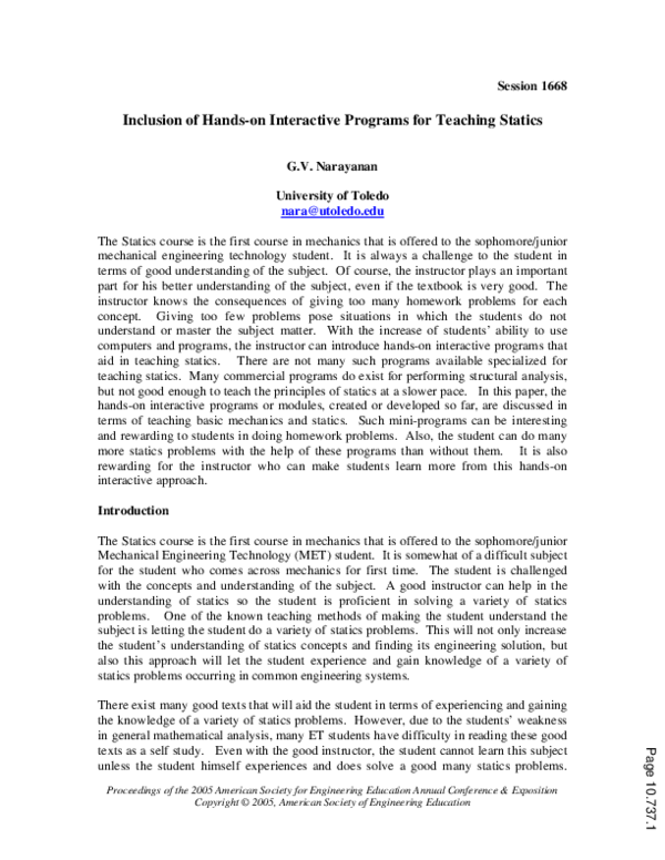 (PDF) Inclusion Of Hands On Interactive Programs For Teaching Statics