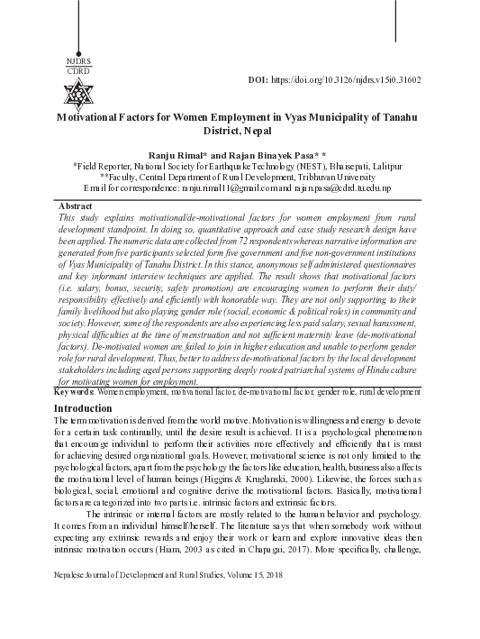 (PDF) Motivational Factors for Women Employment in Vyas Municipality of ...