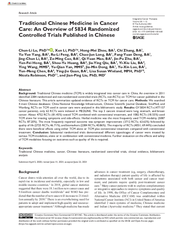 (PDF) Traditional Chinese Medicine in Cancer Care: An overview of ...