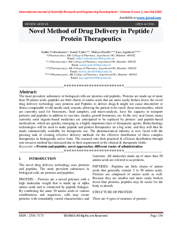 (PDF) Novel Method of Drug Delivery in Peptide / Protein Therapeutics