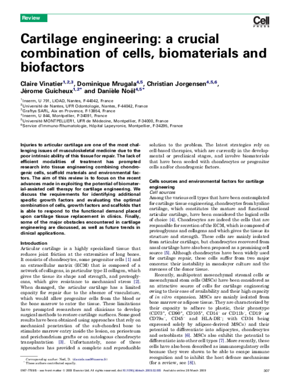 (PDF) Cartilage engineering: a crucial combination of cells ...