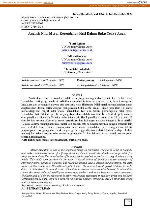 Pdf Analisis Nilai Moral Kerendahan Hati Dalam Buku Cerita Anak