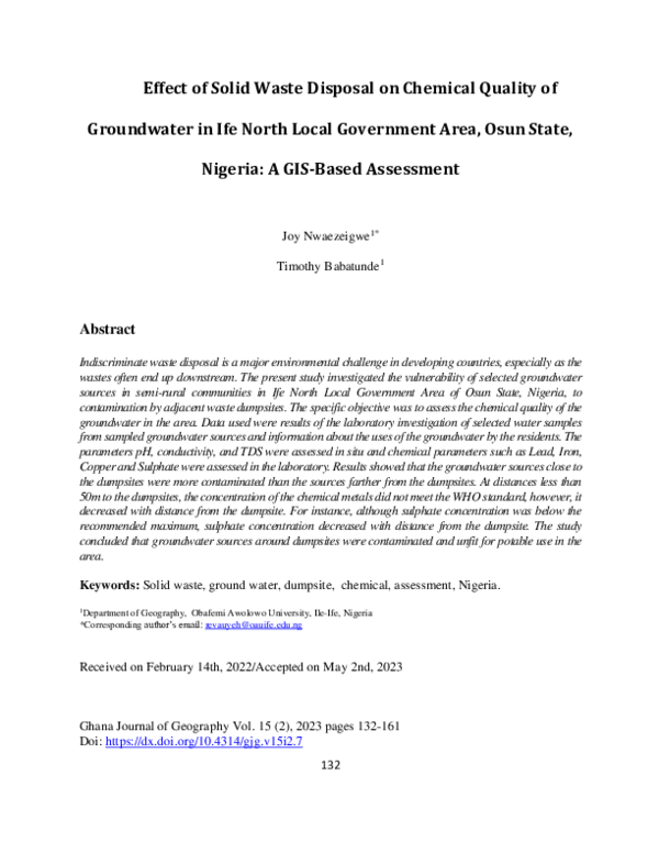 (PDF) Effect of Solid Waste Disposal on Chemical Quality of Groundwater ...