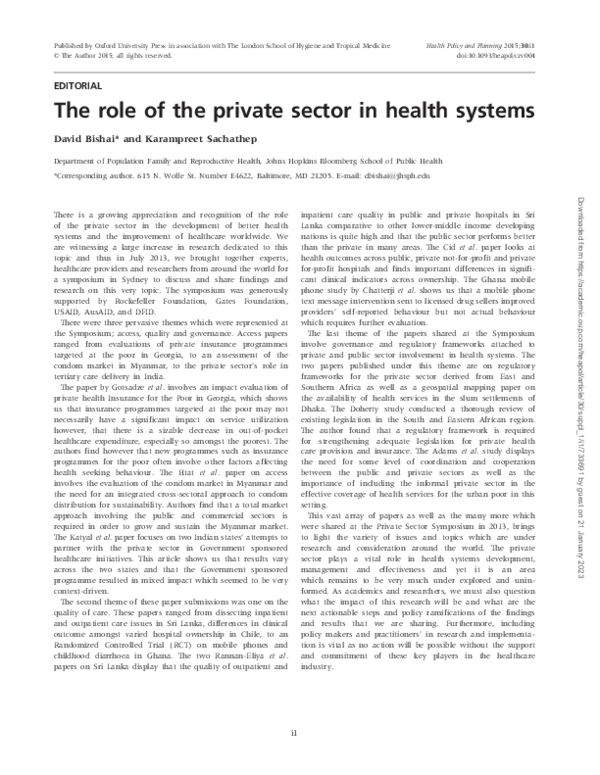 (PDF) The role of the private sector in health systems