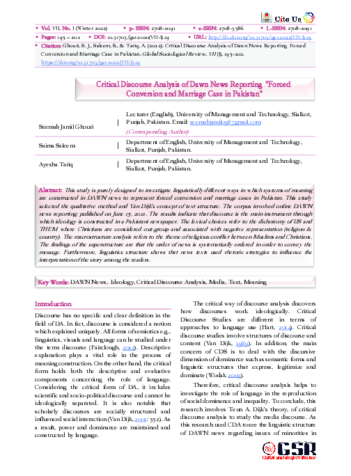 (PDF) Critical Discourse Analysis of Dawn News Reporting ""Forced ...