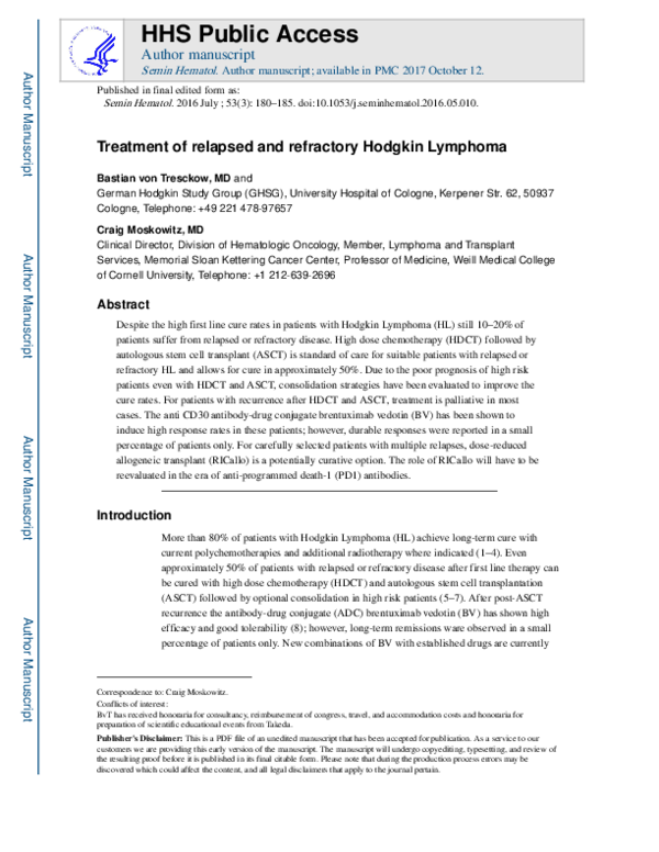 (PDF) Treatment of relapsed and refractory Hodgkin Lymphoma