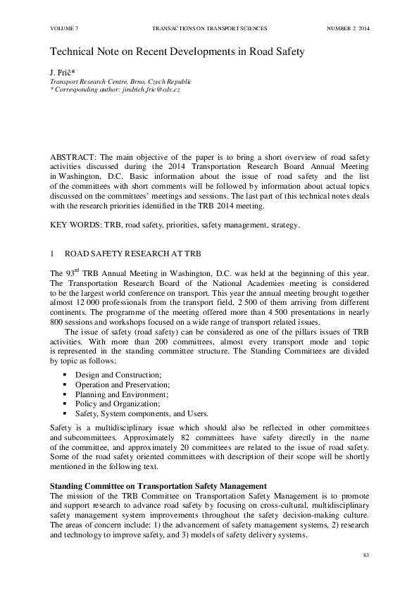 (PDF) Technical Note on Recent Developments in Road Safety