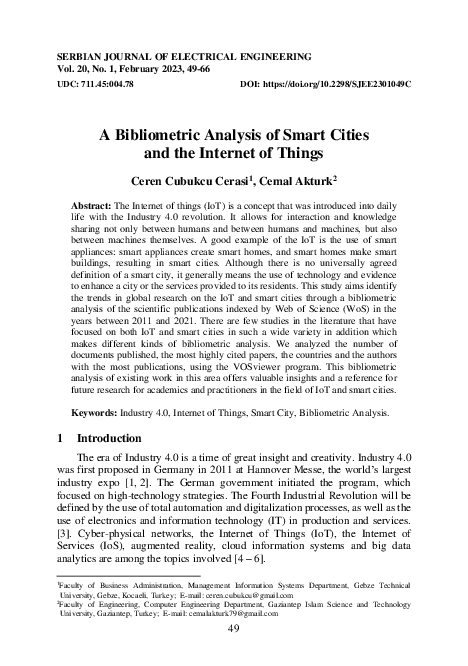 (PDF) A Bibliometric Analysis of Smart Cities and the Internet of Things