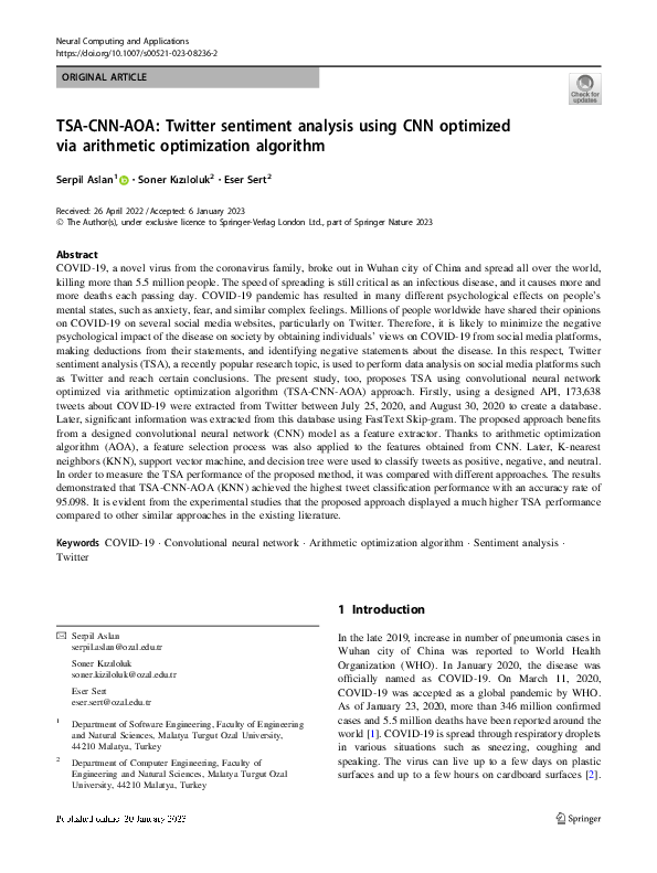 (PDF) TSA-CNN-AOA: Twitter sentiment analysis using CNN optimized via ...