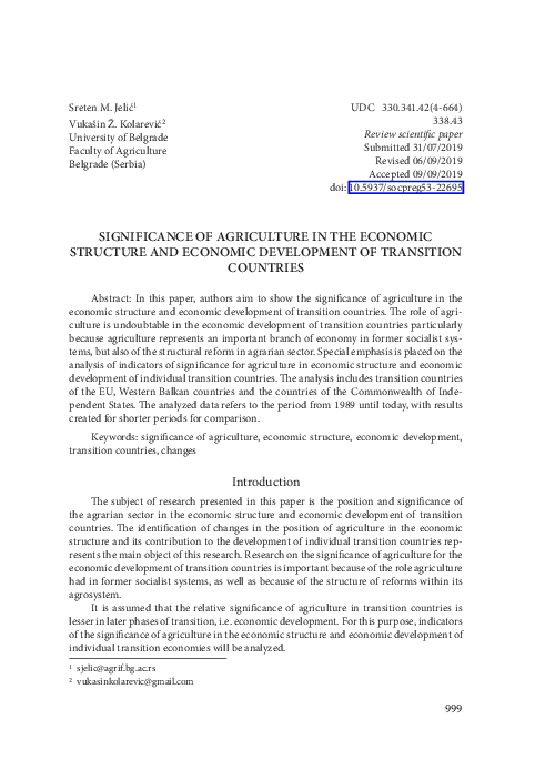 (PDF) Significance of agriculture in the economic structure and ...