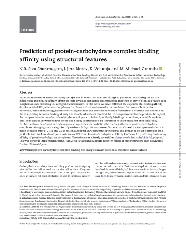 (PDF) Prediction of protein–carbohydrate complex binding affinity using ...