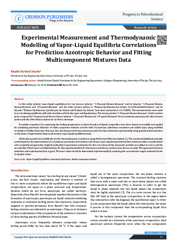 (PDF) Experimental Measurement and Thermodynamic Modelling of Vapor ...