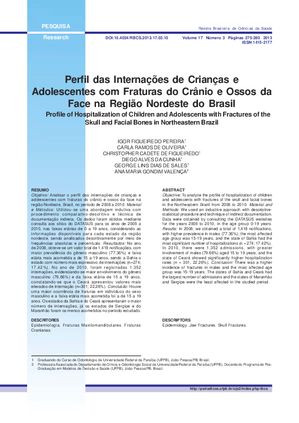 Perfil das Internações de Crianças e Adolescentes com Fraturas do Crânio e Ossos da Face na Região Nordeste do Brasil