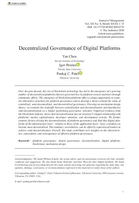 (PDF) Decentralized Governance of Digital Platforms