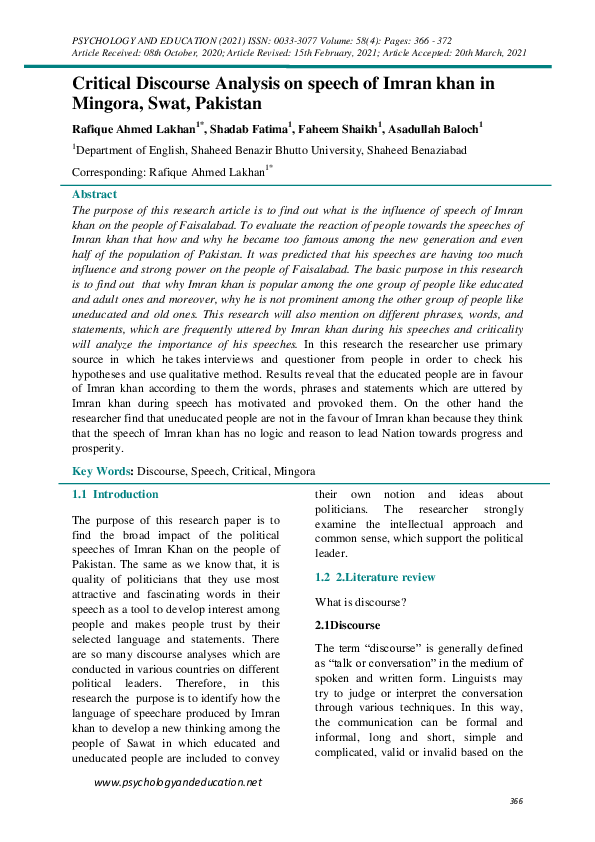 (PDF) Critical Discourse Analysis on speech of Imran khan in Mingora ...
