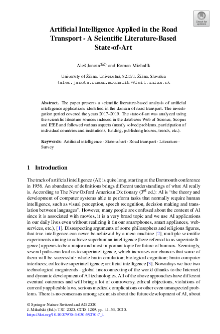 (PDF) Artificial Intelligence Applied in the Road Transport - A ...