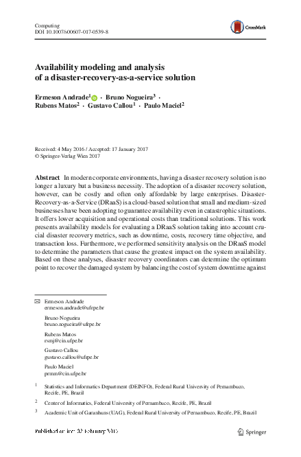(PDF) Availability modeling and analysis of a disaster-recovery-as-a ...
