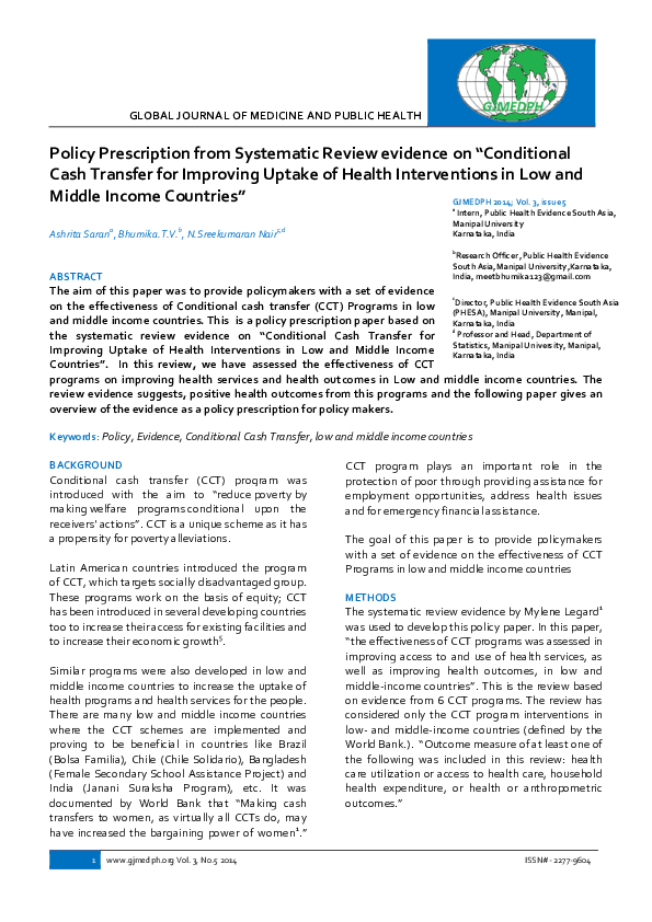 (PDF) Policy Prescription from Systematic Review evidence on ...