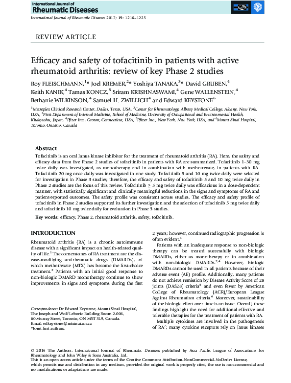 (PDF) Efficacy and safety of tofacitinib in patients with active ...
