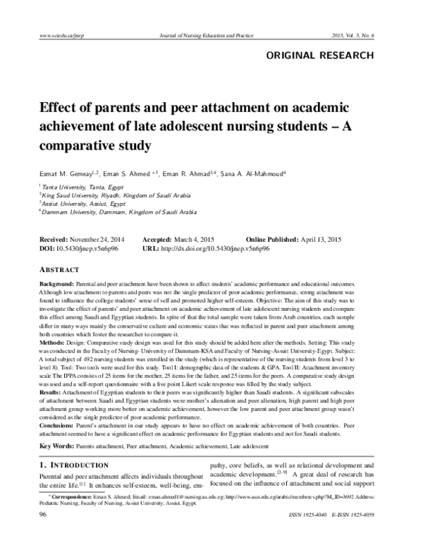 (PDF) Effect of parents and peer attachment on academic achievement of ...