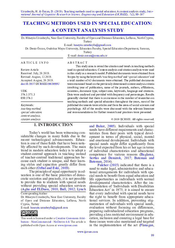 (PDF) Teaching methods used in special education: A content analysis study