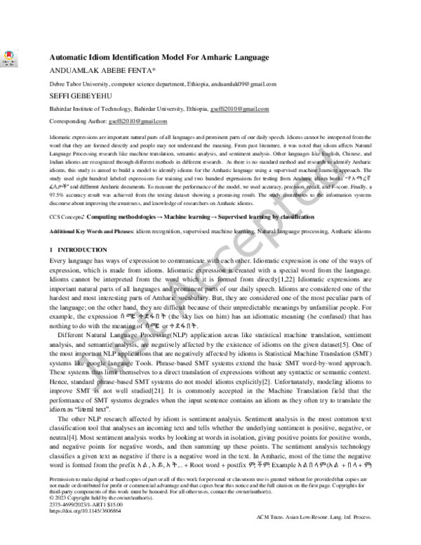 (PDF) Automatic Idiom Identification Model for Amharic Language