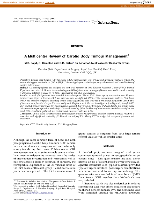 (PDF) A Multicenter Review of Carotid Body Tumour Management
