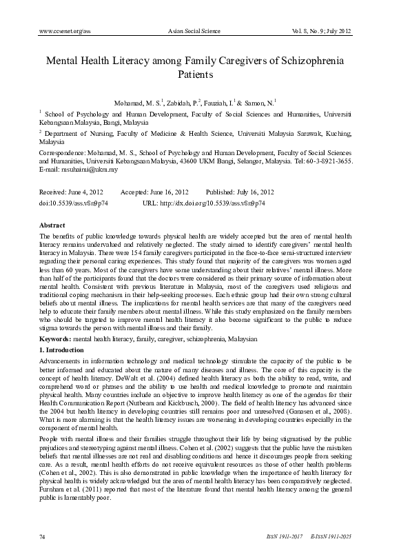 (PDF) Mental Health Literacy among Family Caregivers of Schizophrenia ...