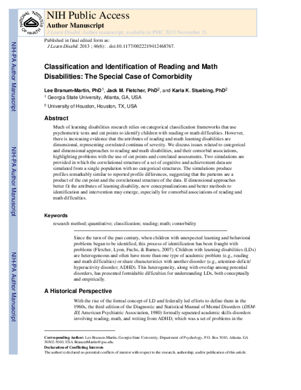 (PDF) Classification and Identification of Reading and Math Disabilities