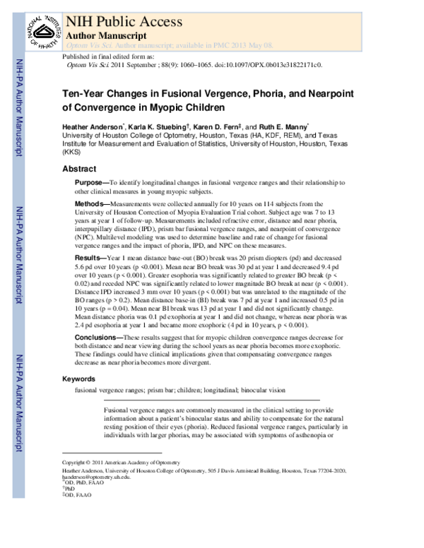(PDF) Ten-Year Changes in Fusional Vergence, Phoria, and Nearpoint of ...
