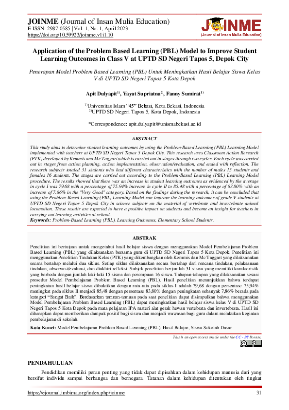 (PDF) Application of the Problem Based Learning (PBL) Model to Improve ...