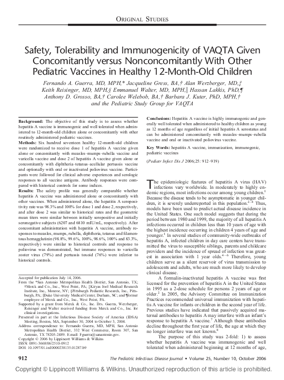 (PDF) Safety, Tolerability and Immunogenicity of VAQTA Given ...