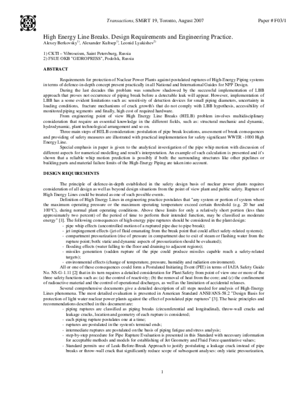 (PDF) High Energy Line Breaks. Design Requirements and Engineering