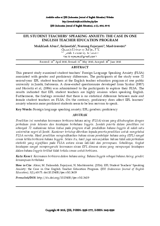 (PDF) EFL Student Teachers’ Speaking Anxiety: the Case in One English ...