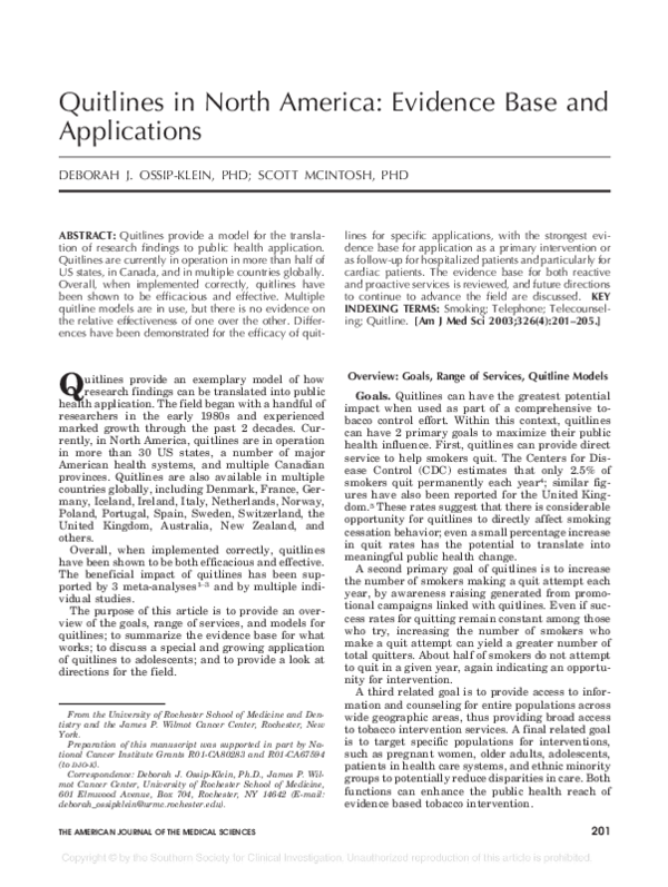 (PDF) Quitlines in North America: Evidence Base and Applications