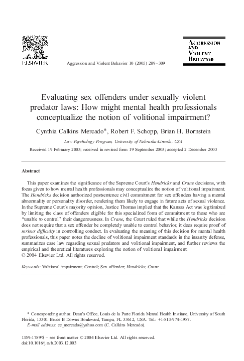 (PDF) Evaluating sex offenders under sexually violent predator laws ...
